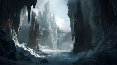 Fantasy alien planet. Mountain and lake. 3D illustration.の素材