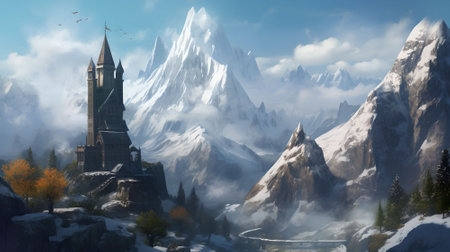 Fantastic panoramic view of snow-capped mountains and churchの素材
