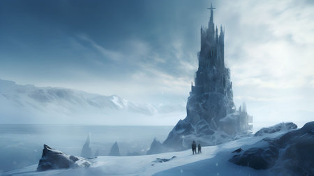 Fantasy landscape with a church in the snow. 3d renderingの素材