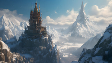 Fantasy landscape with snow-capped mountains in the background.の素材