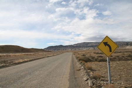 Roadsign next to National Road 40 near El Calafate through the Patgonian steppe in Argentinaの写真素材