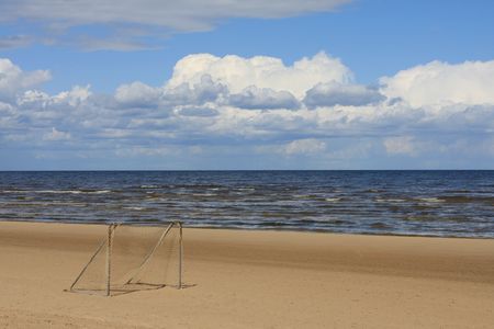Goal on the sand at the Baltic shore near Rigaの写真素材