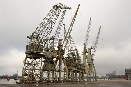 Old cranes in the port of Antwerp, Belgiumの写真素材