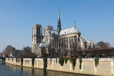 Notre Dame cathedral in the center of Paris, France, on a sunny dayの写真素材