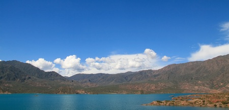 Panorama over blue lake near Mendoza, Argentinaの写真素材