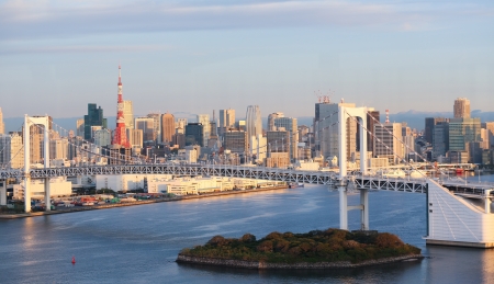 Skyline of Tokyo as seen from Odaiba at sunsetの写真素材