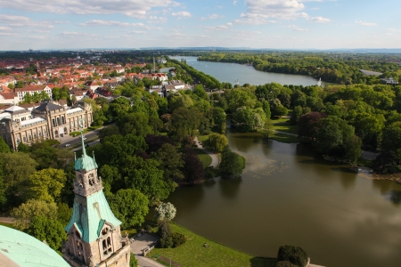 View from the New Town Hall on the Maschsee and forest in the center of Hannover, Lower Saxony, Germany.の写真素材