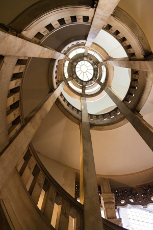 Spiral staircase in Neues Rathaus (New Town Hall), Hannover, Lower Saxony, Germany. This building was created more than 100 years ago, no property release is required.の写真素材