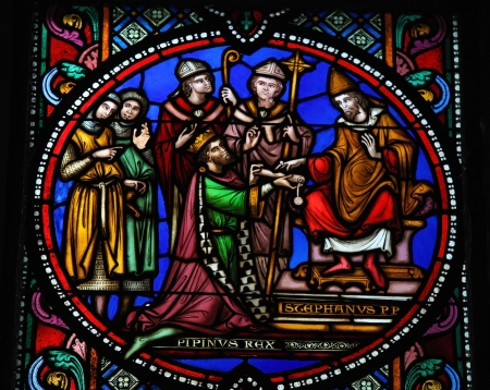 Pepin the Younger re-consecrated as king by Pope Stephen II in 754, on a stained glass window in the cathedral of Brussels, Belgium, on July 26, 2012  This window was created in the 19th Century  No property release is required のeditorial素材