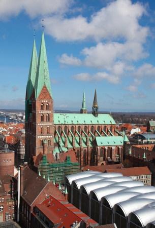 Aerial view on the old center of Lubeck, Schleswig-Holstein, Germany, with the Church of Saint Maryのeditorial素材