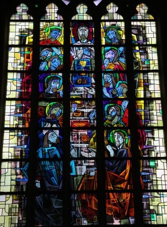Stained glass window depicting the Last Supper in the church of Our Lady in Saint Truiden, Belgium. This window was created more than 100 years ago, no property release is required.のeditorial素材