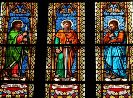 Stained glass window in the church of Bad Doberan, a town in the district of Rostock, Mecklenburg-Vorpommern, Germany. This window depicts Saint Mathias, Saint Paul and Saint Andreas. This window was created before 190, no property release is required.のeditorial素材