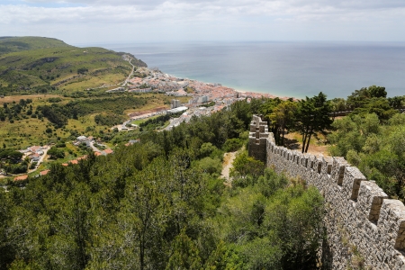 Aerial view on the coastal town of Sesimbra in Portugalの写真素材