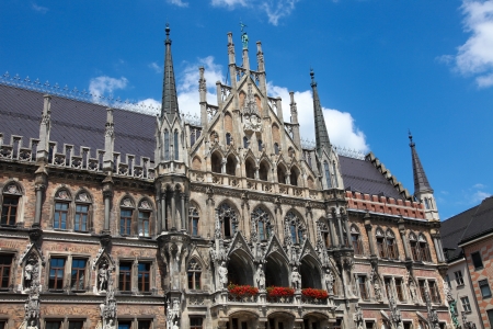 Neues Rathaus, the new town hall, on the Marienplatz in the old town of Munich, capital of Bavaria, Germany  All visible statues and inscriptions were created more than 100 years ago, no property release is required の写真素材