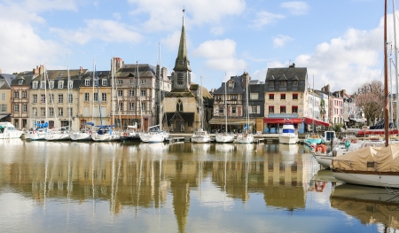 HONFLEUR, FRANCE - FEB 11: View on the old harbor of Honfleur, Calvados, France, on February 11, 2012. This town is a famous sight of Normandy and known for its picturesque port.のeditorial素材