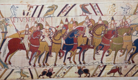 Detail of the Bayeux Tapestry depicting the Norman invasion of England in the 11th Century  This tapestry is more than 900 years old, no property release is required のeditorial素材