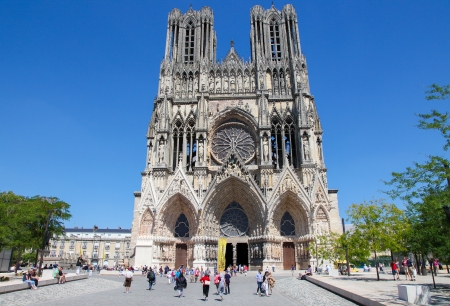 REIMS, FRANCE - JULY 3: Reims Cathedral in Champagne region, France, on July 3, 2011. This cathedral is a famous tourist site in France.のeditorial素材