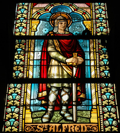 SPA, BELGIUM - JULY 19, 2009: Stained glass window depicting Saint Alfred in the cathedral of Spa, Wallonia, Belgium.のeditorial素材