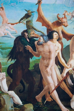 LEIDEN, THE NETHERLANDS - MARCH 16, 2014: Detail of a painting depicting Hell in the church of Leiden, The Netherlands. This painting was created in the 16th Century, no property release is required.のeditorial素材