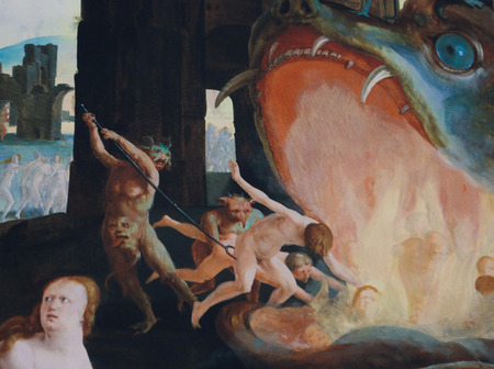 LEIDEN, THE NETHERLANDS - MARCH 16, 2014: Detail of a painting depicting Hell in the church of Leiden, The Netherlands. This painting was created in the 16th Century, no property release is required.のeditorial素材
