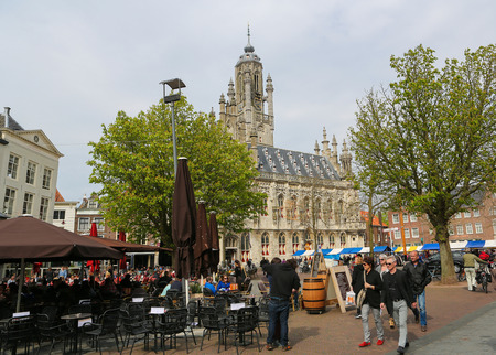 MIDDELBURG, THE NETHERLANDS - APRIL 12, 2014:  Famous Town Hall of the city of Middelburg, capital of Zeeland province, the Netherlands.のeditorial素材