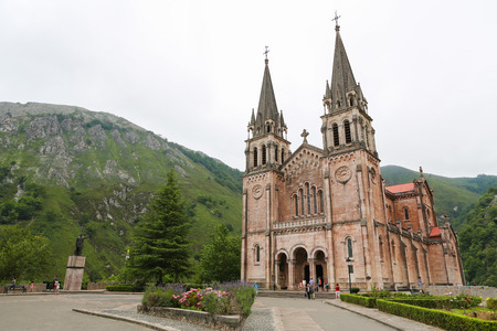 COVADONGA, SPAIN - JULY 16, 2014: Basilica of Santa Maria la Real of Covadonga, a famous church in the Picos de Europa, Asturias, Spain.のeditorial素材