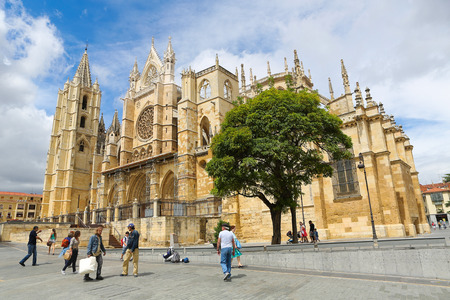 LEON, SPAIN - JULY 17, 2014: Famous Santa Maria de Leon Cathedral, also known as The House of Light, located in Leon, Castille and Leon, Spain. This cathedral is an important stop on the Way of St James to Santiago de Compostela.のeditorial素材