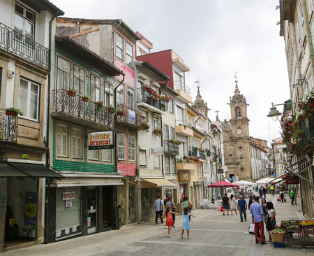 BRAGA, PORTUGAL - AUGUST 9, 2014: Typical street and architecture in the center of Braga, Portugal.のeditorial素材