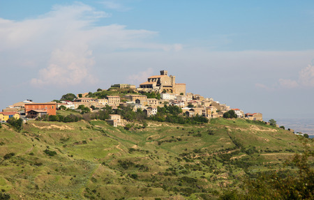 Panorama on the town and 12th Century fortified church of Santa Maria in Ujue, (Uxue in Basque), a town in Navarre, Northern Spain.のeditorial素材