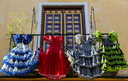 Traditional flamenco dresses at a house in Malaga, Andalusia, Spain.のeditorial素材