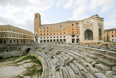 LECCE, ITALY - MARCH 13, 2015: Roman Amphiteatre (2nd Century) at the Sant Oronzo square in Lecce, Apulia, Italyのeditorial素材