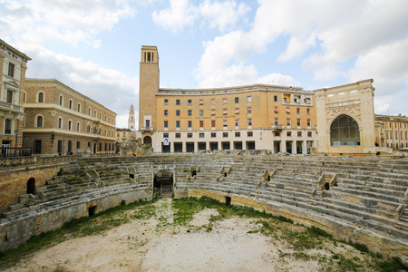 LECCE, ITALY - MARCH 13, 2015: Roman Amphiteatre (2nd Century) at the Sant Oronzo square in Lecce, Apulia, Italyのeditorial素材