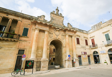LECCE, ITALY - MARCH 13, 2015: Porta San Biagio, one of the three historic gates to enter the historical center of Lecce, a historic city in Apulia, Southern Italy, dedicated to Saint Blaiseのeditorial素材