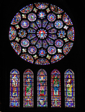 CHARTRES, FRANCE - JULY 21, 2015: South transept Rose Window (12th Century) in the Cathedral of Our...
