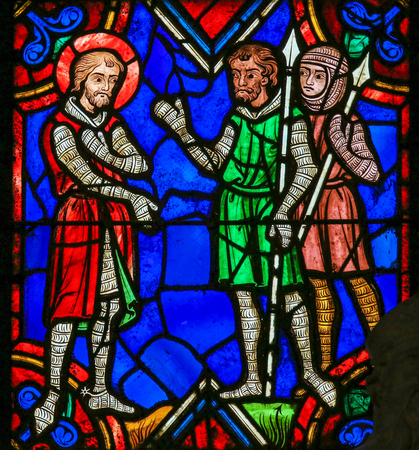 Stained glass window depicting Medieval Knights in the Saint Gatien Cathedral of Tours, France.のeditorial素材
