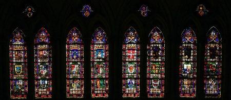 LEON, SPAIN - AUGUST 12, 2014: Stained Glass window depicting Coats of Arms in the Cathedral of Leon in Castile and Leon, Spain.のeditorial素材