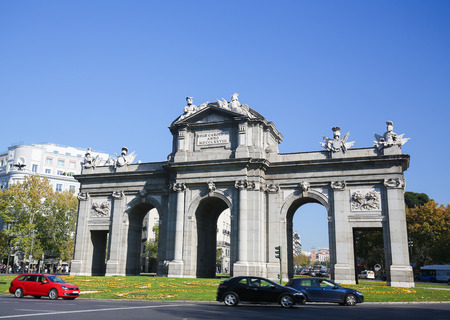 MADRID, SPAIN - NOVEMBER 14, 2015: The Puerta de Alcala (Alcala Gate) is a Neo-classical monument in the Plaza de la Independencia in Madrid, Spain.のeditorial素材