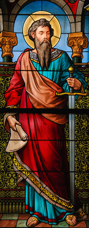STOCKHOLM, SWEDEN - APRIL 16, 2010: Saint Paul the Apostle. Stained glass window in the German...