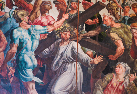 LINKOPING, SWEDEN - APRIL 12, 2010: Jesus carrying the Cross on the Via Dolorosa - Painting in Linkoping Church, Sweden.のeditorial素材