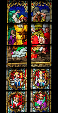 COLOGNE, GERMANY - APRIL 21, 2010: Stained Glass depicting the Stoning of Saint Stephen in Dom of Cologne, Germany.のeditorial素材