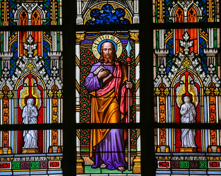 PRAGUE, CZECH REPUBLIC - APRIL 2, 2016: Stained Glass window in St. Vitus Cathedral, Prague, depicting Saint Thomasのeditorial素材