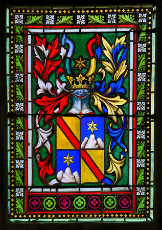 PRAGUE, CZECH REPUBLIC - APRIL 2, 2016: Stained Glass window in St. Vitus Cathedral, Prague, depicting a Coat of Armsのeditorial素材