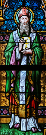 PRAGUE, CZECH REPUBLIC - APRIL 2, 2016: Stained Glass window in St. Vitus Cathedral, Prague, Saint Cyril or Cyrillusのeditorial素材