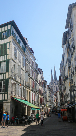 BAYONNE, FRANCE - JULY 9, 2016: Old houses in the center of Bayonne, a city in the Aquitaine region of south-western France.のeditorial素材
