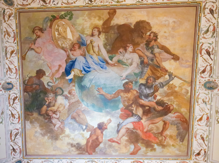 MAFRA, PORTUGAL - JULY 17, 2016: Ceiling Fresco in the Room of the Discoveries or of the Portuguese Heroes in Mafra Palace, Portugalのeditorial素材