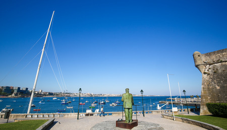 CASCAIS, PORTUGAL - JULY 15, 2016: Statue of Dom Carlos I, King of Portugal, overlooking the harbor in Cascais, Portugal.のeditorial素材