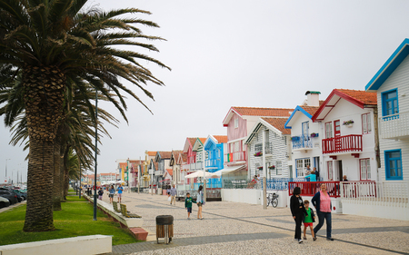 COSTA NOVA, PORTUGAL - JULY 30, 2016: Traditional beach houses in Costa Nova, a famous beach near Aveiro, Centro, Portugalのeditorial素材