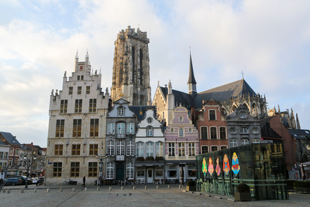 The central Market Square and Saint Rumbolt Cathedral in Mechelen, Flanders, Belgium