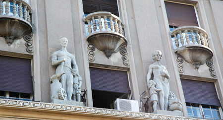 Jugendstil statues on a historic building in Belgrade, Serbia.の写真素材
