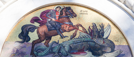 Mosaic of Saint George Slaying the Dragon on the facade of the Church of Saint Sava, a Serbian Orthodox church in Belgrade.のeditorial素材